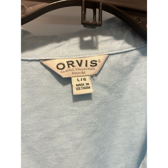 Orvis Women's Size Large Blue Linen Blend Button Short Sleeve Top Cap Sleeves - Picture 3 of 7